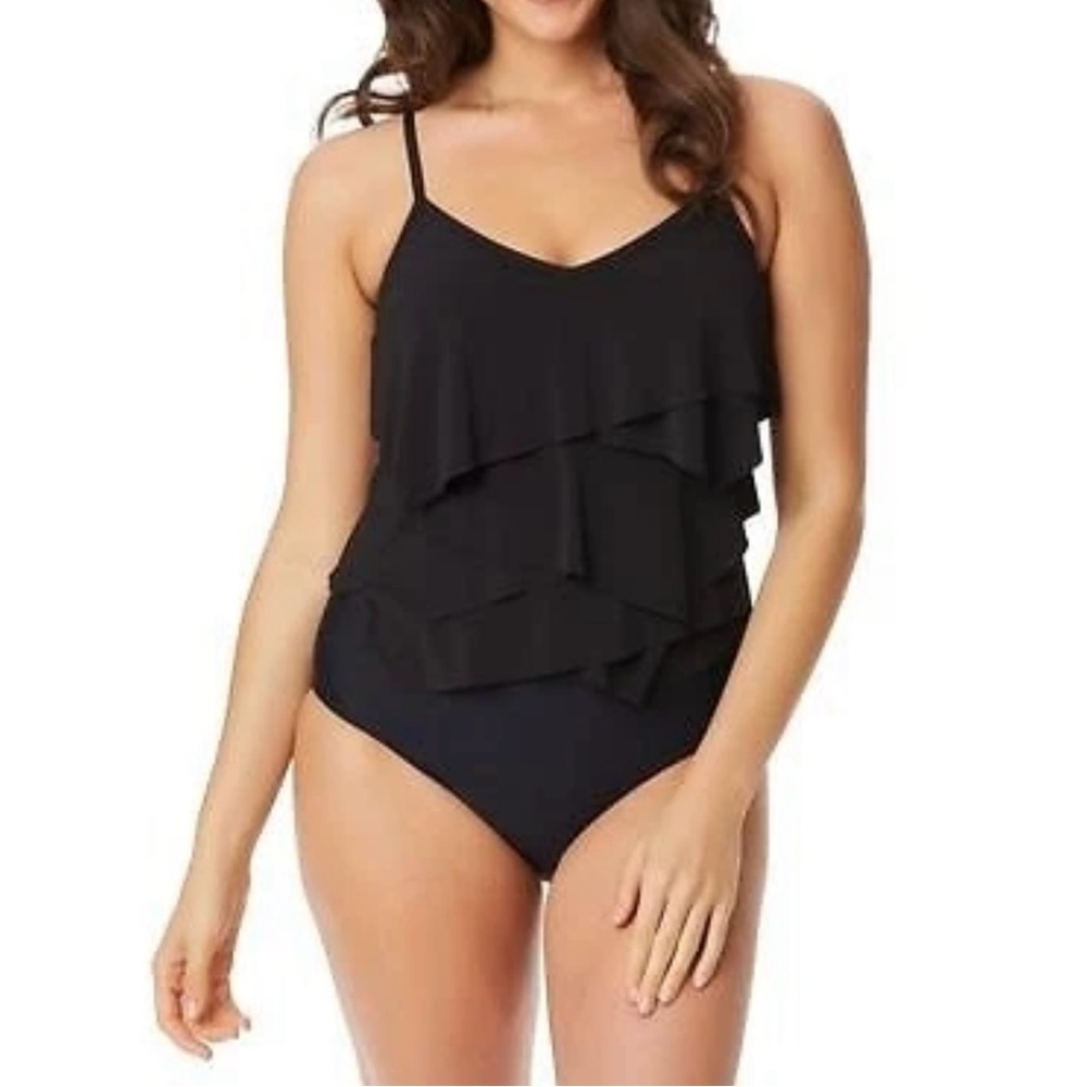 Beyond Control BLACK Solid Citizen Tiered One-Piece Swimsuit US 14